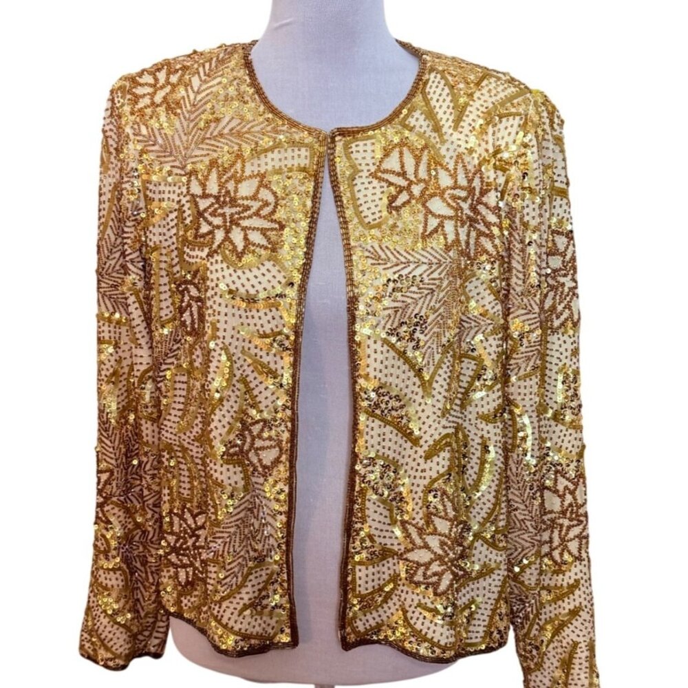 Creative Creations Gold Evening Jacket Womens M Sequin Beaded Embellished VTG